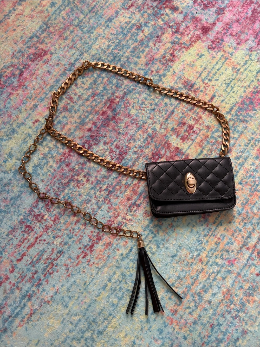 Black Quilted Chain Crossbody Bag with Tassel